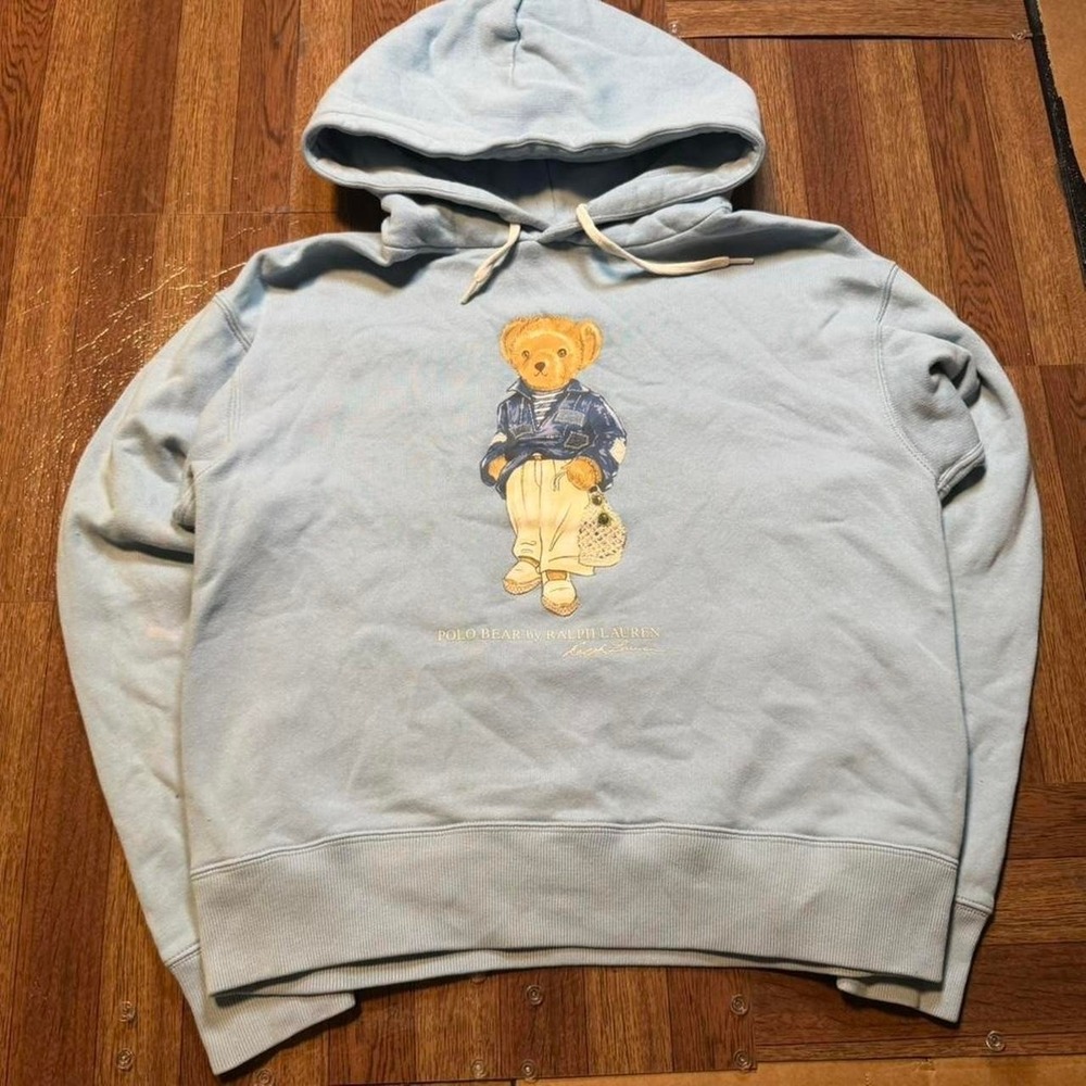 Polo Ralph Lauren Women's Blue Polo Bear Fleece Hoodie Medium FLAWS‎